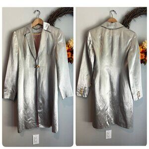 Karen Millen England Satin Metallic Long Blazer Coat Size 12 Linen Blend